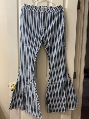Peach Love California Navy and White Striped Flare Pants